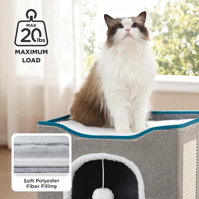 Bedsure Cat House Bed for Indoor Cats with Fluffy Ball and Scratch Pad | Green,16.5x16.5x13 in,Large Cat Cave for Multiple Pets,Foldable Cat Hideway Cube for Sleeping Kitten - Image 3