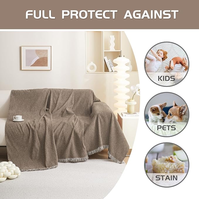 MEETSKY Oversized Sectional Couch Cover, Sofa Cover for 3 Cushion Washable Sofa Covers for Living Room Couch Slipcovers for Dogs Couch Protector Pet Friendly, 91" x 150", Sand - Image 2