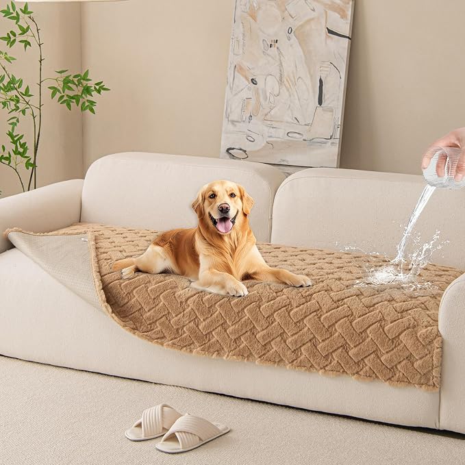 Waterproof Dog Bed Cover Non Slip Couch Cover for Dogs Washable Soft Faux Fur Sofa Cover Couch Covers for 3 Cushion Couch Sofa Pet Friendly (Dark Beige, 34x62（1pc）) by Unknown