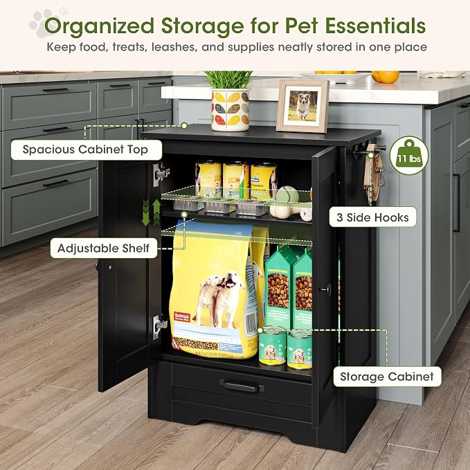 Dog Feeding Station with Storage Cabinet, Black Wood Dog Cabinet with 2 Elevated Stainless Steel Bowls, Hidden Pull-Out Feeder Drawer, Pet Feeding Station for Kitchen and Living Room - Image 6