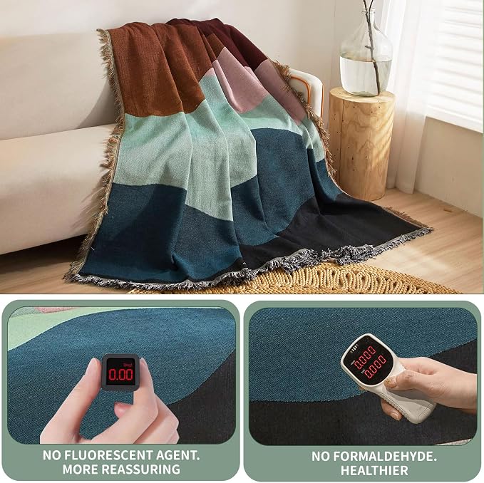 Reversible Knitted Patchwork Color Couch Cover Woven Decor Blanket Sofa Covers for Living Room Knit Futon Covers Sofa Slipcovers for Pets Couch Protector for Dogs Boho Furniture Covers, 71"X 118" - Image 4