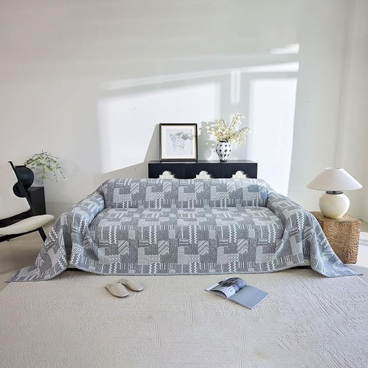DREAMINGO Vintage Patchwork 3-Layer Gauze Geometric Jacquard Sofa Cover, Farmhouse Couch Cover Blanket for 2 Seater, Living Room Washable Furniture Protector, Dark Grey, 91"x118" by DREAMINGO