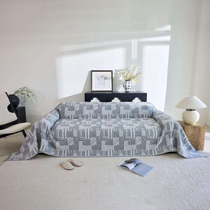 DREAMINGO Vintage Patchwork 3-Layer Gauze Geometric Jacquard Sofa Cover, Farmhouse Couch Cover Blanket for 3 Seater, Living Room Washable Furniture Protector, Dark Grey, 91"x150" by DREAMINGO