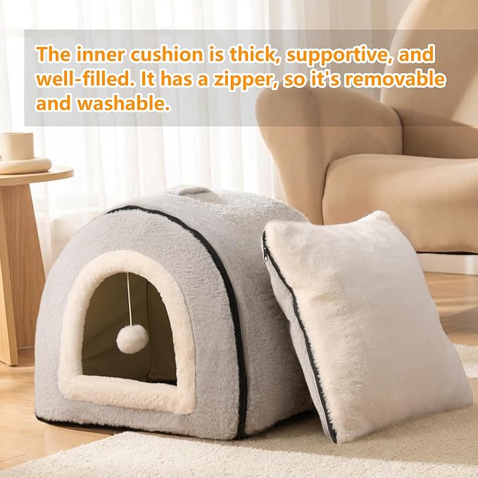 Cat Bed for Indoor Cats，Foldable cat cave，Anti-Slip & Water-Resistant Bottom，cat Houses for Indoor Cats or Small Dogs, Kitten Tent, Rabbit Bed，2 in 1 pet Bed (Grey) - Image 4