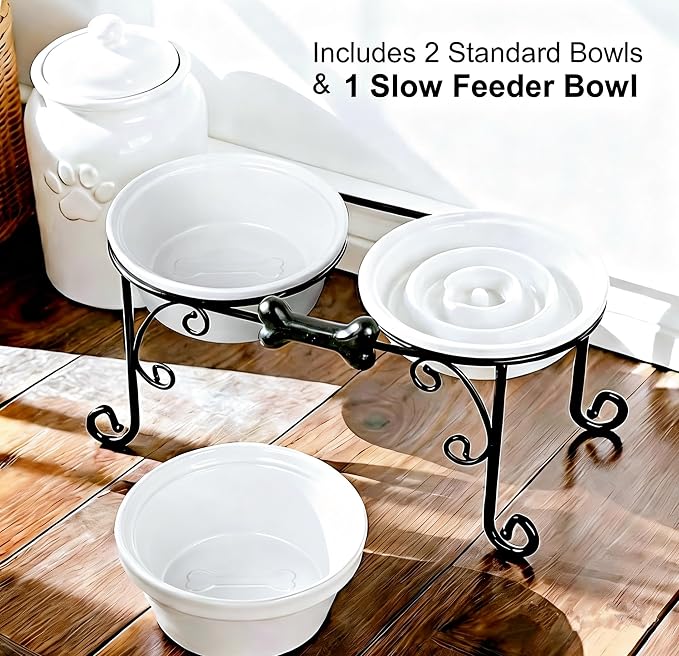 Elevated Dog Bowl Stand with 3 Large Ceramic Bowls – Raised Feeding Station for Medium & Large Dogs, Includes 2 Standard Bowls + 1 Slow Feeder, Durable Iron Frame, Non-Slip (White) - Image 7