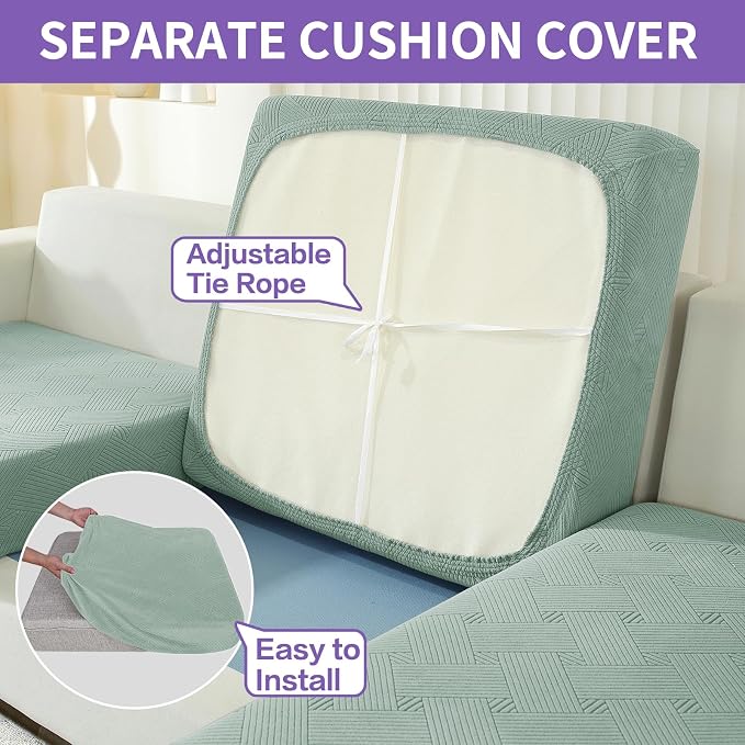 ZNSAYOTX 4 Piece Stretch Sofa Covers (71"-91"), Thick Striped Couch Covers for 3 Cushion Sofa with Elastic Band Bottom Ties Non-Slip Stay in Place, Soft Durable Washable Couch Slipcovers, Pea Green - Image 5