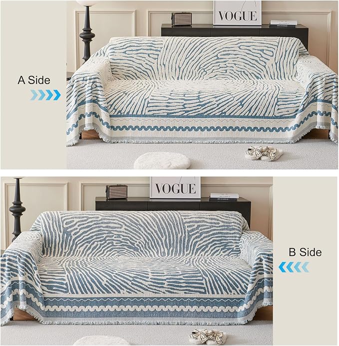 ROOMLIFE Thicked Striped Couch Cover with Tassel Blue Chenille Sofa Cover Blanket for Sectional Sofa, Soft Sofa Slipcovers for L Shaped Love Seat 2-3 Cushion Couch Anti Slip Sofa Protector, 71"x118" - Image 3