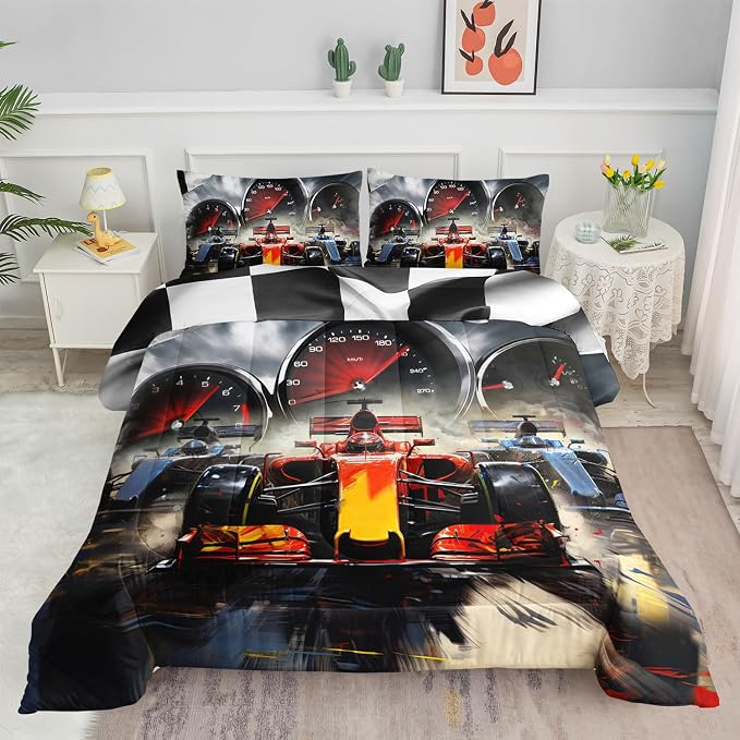 Racing Theme Comforter Set Racing car Extreme Sports Competition Quilt Sets with 1 Comforter and 2 Pillowcases for Kids Boys Bedroom All Season（Race Car-2 Queen） by SmellSunshine