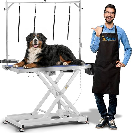 KANIS Professional Electric Dog Grooming Table - Heavy Duty | Height Adjustable Pet Grooming Table w/Leveling Wheels, Dog Grooming Arm, Anti-Slip Tabletop & Tool Organizer (White, 49") by KANIS