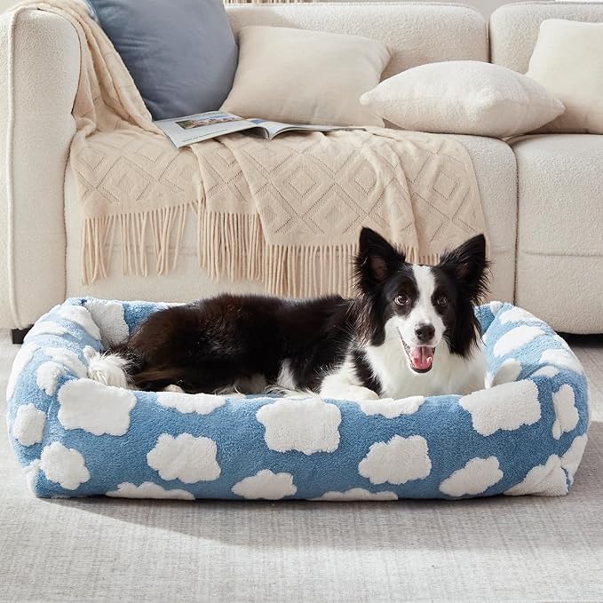 JOEJOY Cute Dog Bed Medium Size Dog, Rectangle Soft Furry Dog Beds for Large Medium Dogs, Washable Orthopedic Pet Bed with Removable Zipper Cover, Blue - Image 7
