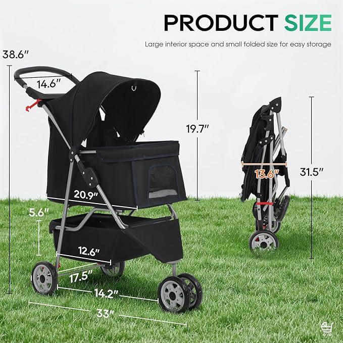 BestPet | 3-Wheel Pet Stroller | Dog and Cat Stroller | Breathable Mesh | Lightweight Travel Carrier | Waterproof & Foldable Design | Storage Basket | Black | for Daily Walks & Outdoor Use