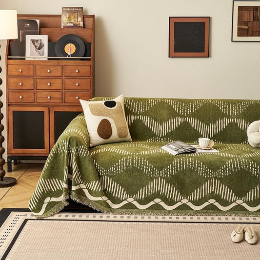 Green Geometric Couch Cover for 3 Cushion Sofa, Boho Reversible Couch Cover Sectional L Shape, Modern Home Decor Chenille Non Slip Washable Large Couch Protector for Dogs 71"x118" by Besaomeom