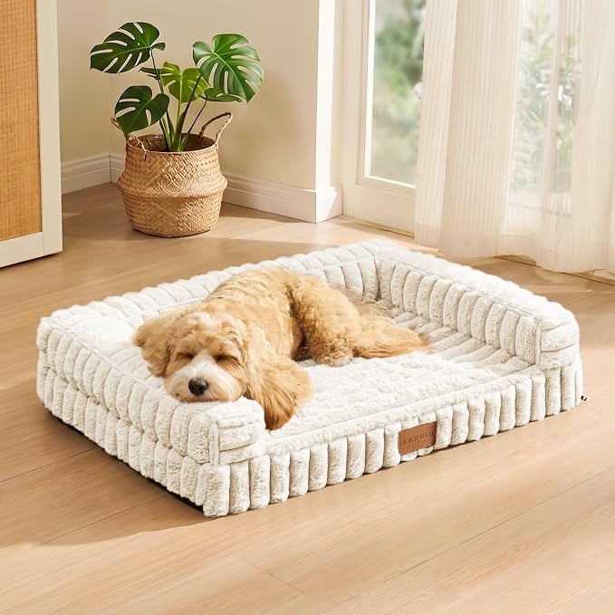 Orthopedic Calming Large Dog Bed Pet Sofa Bed 48''X30'' Ivory | 3-Sided Pet Couch Large Sized Dog, Soft Egg-Crate Foam Dog Mat, Waterproof Removable Washable Cover, Nonskid Bottom Cat Bed - Image 3
