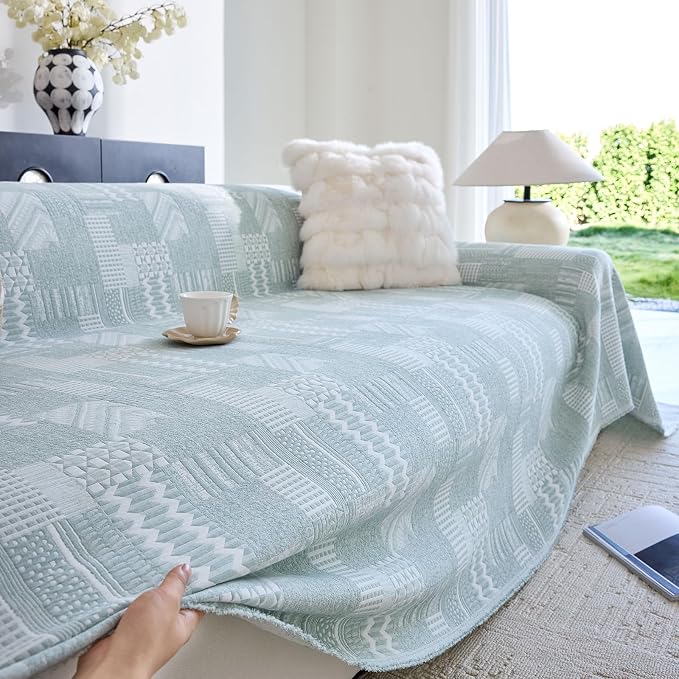 DREAMINGO Vintage Patchwork 3-Layer Gauze Geometric Jacquard Sofa Cover, Farmhouse Couch Cover Blanket for 2 Seater, Living Room Washable Furniture Protector, Mint Green, 91"x118" - Image 3