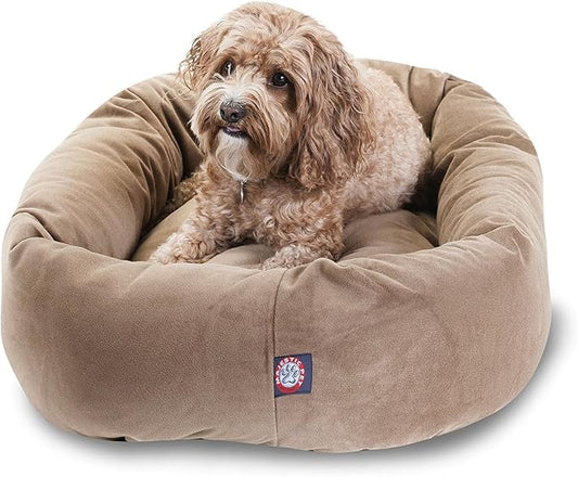 Majestic Pet 32 Inch Suede Calming Dog Bed Washable – Cozy Soft Round Dog Bed with Spine Support for Dogs to Rest Their Head - Fluffy Donut Dog Bed 32x23x7 (Inch) - Round Pet Bed Medium – Stone by MajesticPet