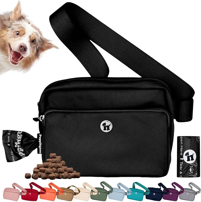 Puppington 3-in-1 Crossbody Dog Walking Bag & Treat Pouch with Matching Planet Safe Poop Bags & Built-In Dispenser - Dog Mom Gift for Puppy Training with Zippered Pockets (Onyx Black) by Puppington