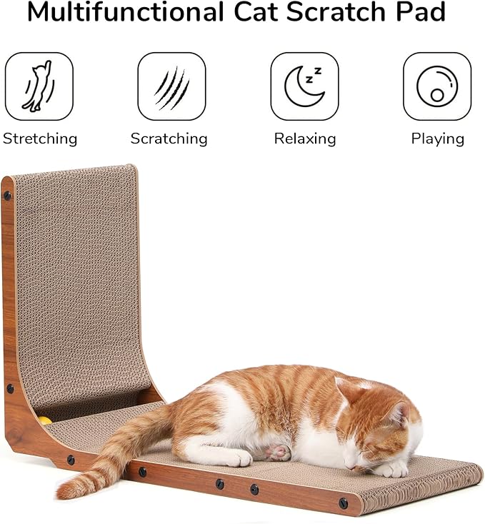 FUKUMARU Cat Scratcher for Indoor Cats, 26.8 Inch Cat Scratch Pad L Shaped | Cardboard Cat Scratcher, Vertical Cat Scratching Board with Ball Toy, Walnut Color, 1 Pack - Image 2