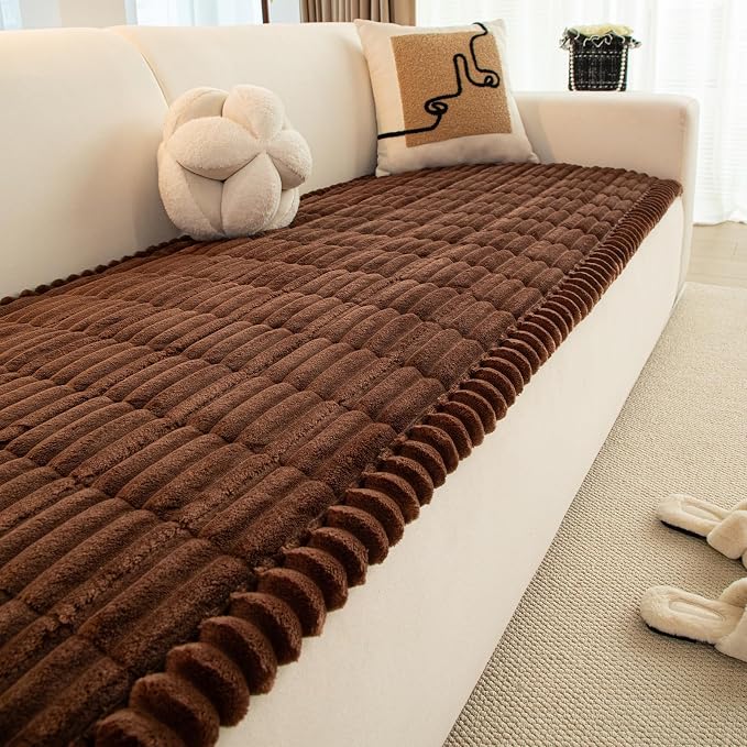 Faux Fur Plush Dog Couch Cover, 3D Stripe Fuzzy Sofa Covers, Non-Slip Fluffy Dog Bed Cover Pet Blanket, Washable Furniture Protector for Puppy Cat (Dark Coffee,35"x82") by WelcometoXSlive