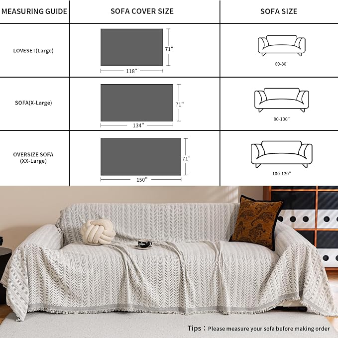 Couch Covers Non Slip Sofa Cover Washable, 2 Cushion Couch Slipcovers Loveseat Furniture Protector for Pets Kids, Chenille Strip Couch Throw Blankets with Tasselss 71"x118", Beige - Image 4