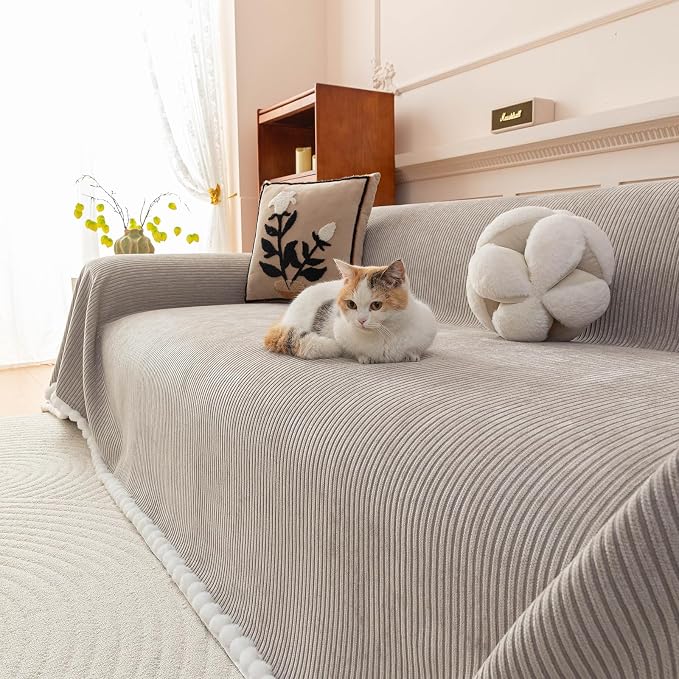 Gray Chenille Couch Cover for Pets, Washable Striped Geometric Sofa Cover for 3 Cushion Couch, Boho Sofa Slipcover for Living Room, Thick Sectional Furniture Protector with Cute Pom Pom Edge-71x134IN - Image 3