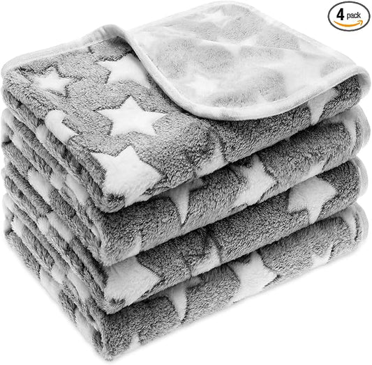 Tatuo 4 Pack Fleece Dog Blankets for Puppy Cats Multi-Size Sleep Mat for Pet Guinea Pig Soft Washable Warm Crate Bed Puppy Teething Toys Print Pattern Blanket Indoor(White,Grey,24 x 16 Inch,Star) by Tatuo