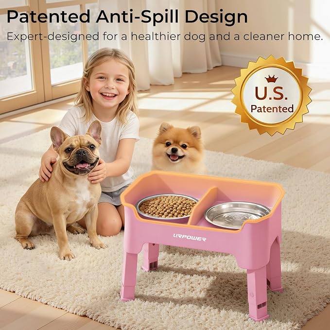 URPOWER Mess Proof Elevated Dog Bowls for Small Dogs with Splash Guard | 4 Height Adjustable Raised Stand with 2 Stainless Steel Food Bowls & Licking Plate for Small, Medium & Large Dogs - Image 2