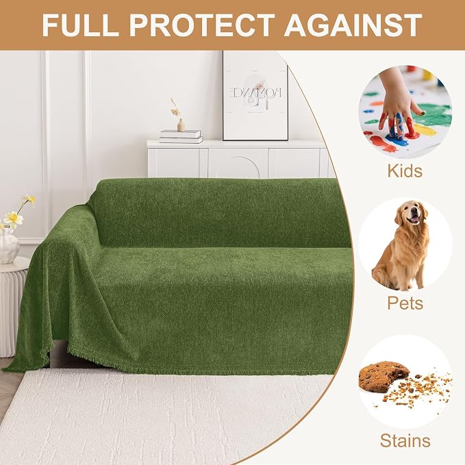 Smiry Couch Cover for Dogs, Chenille Sofa Covers for 3 Cushion Couch | Washable Soft Sofa Slipcover for Pets, Thick Sectional Furniture Protector with Tassels (Green, 71x134 Inch) - Image 3