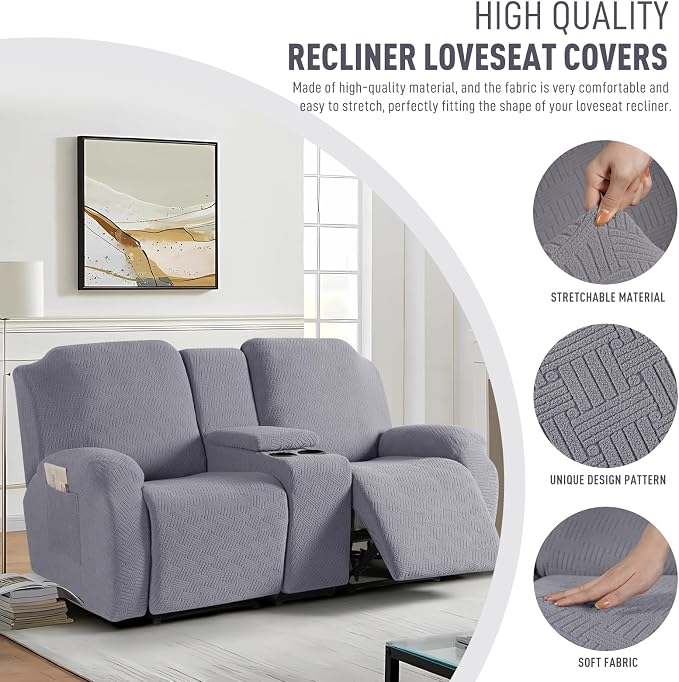 KinCam Loveseat Recliner Covers with Middle Console Slipcover, Light Gray | Stretch Recliner Sofa Covers for 2 Seat Couch Cover, Jacquard Furniture Protector Covers with Elastic Bottom for Kids, Pets - Image 2