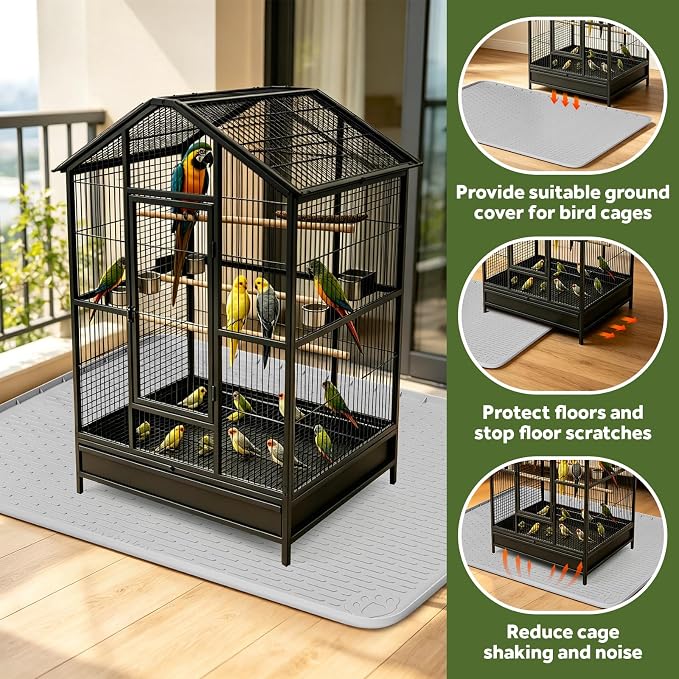 Silicone Bird Cage Mat 57" x 40" Under Crate Floor Protector, Light Grey | Extra Large Waterproof Bird Cage Liner with Raised Edges, Non-Slip Under Crate Mat for Dog Cages, Kennels, Reptile Aquariums - Image 3