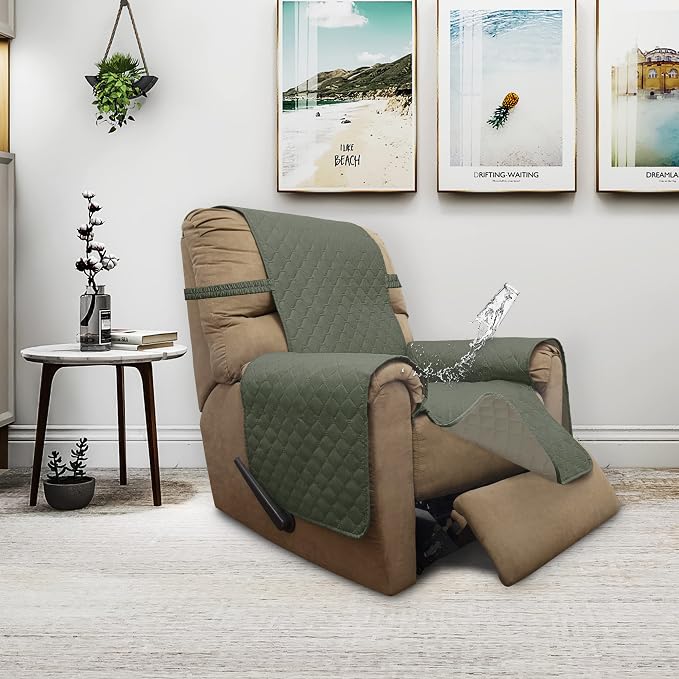 ISSUNTEX Double Protection 100% Waterproof Recliner Covers for Living Room, Reversible Furniture Protector Recliner Couch Sofa Slipcover for Dogs, Pets, Kids (Recliner, Greyish Green/Beige) - Image 2
