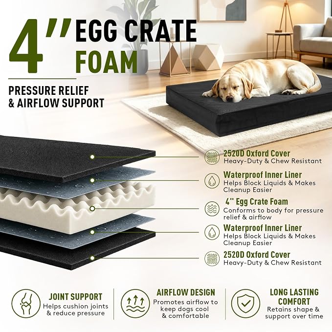 2520D Heavy Duty Indestructible Dog Bed, Chew Resistant Dog Bed, 22"x35" | Outdoor Pet Pad For Large Dogs, 4" Orthopedic Egg Crate Foam, Waterproof Inner Liner, Removable Washable Cover, Medium - Image 4