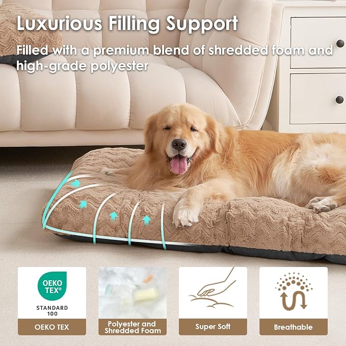 EHEYCIGA Washable Dog Bed for Crate 36x27 Inch, Anti-Slip L Plus Kennel Pad for Dogs Up to 55 lbs, Plush and Comfy Pet Sleeping Mat, Camel - Image 2