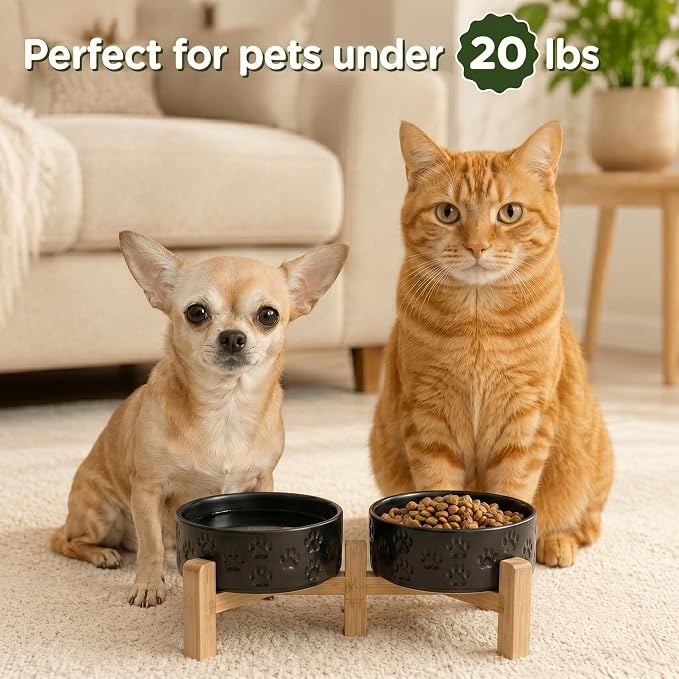 SPUNKYJUNKY Elevated Dog Bowls Ceramic, 5.1'' Dogs and Cat Food Water Bowls Raised with Non-Slip Bamboo Stand for Puppy Small Sized Breed Microwave Dishwasher Safe - 13.5 OZ,Paw Black - Image 7