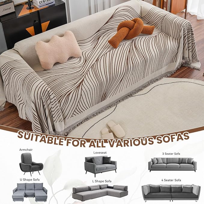 VClife XL Sofa Cover Chenille Couch Cover for 3 Cushion Couch Sofa, Modern Beige Chocolate Striped Couch Covers for Kids Washable Sectional Sofa Protector with Tassel 71"X134" - Image 3