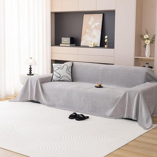 DREAMINGO Modern Minimalist Sofa Covers Washable Pet Furniture Protector Couch Cover for Dogs Cozy Chenille Couch Cover Blanket Stripe Textured Sectional Couch Slipcovers (XX-Large, Light Grey) by DREAMINGO