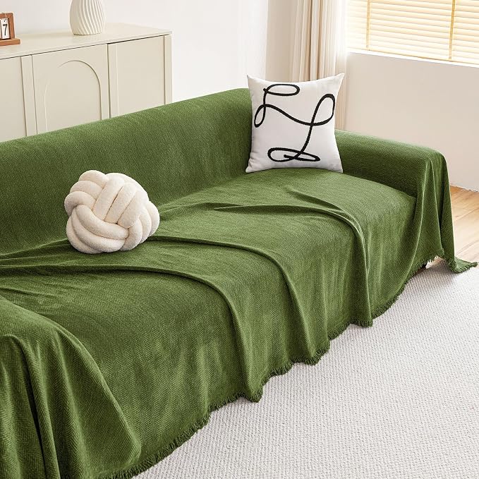 hyha Couch Cover for Dogs, Boho Chenille Sofa Cover for 3 Cushion Couch | Anti-Scratch Washable Sofa Slipcover, Loveseat Sectional Couch Throw Blankets with Tassels (Green, 88.5x134 Inch) - Image 8