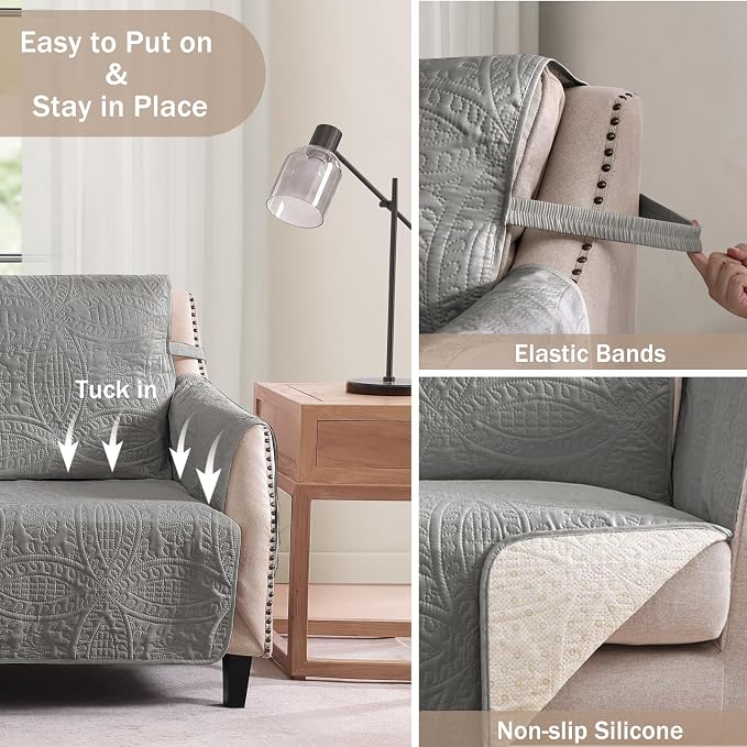 Quilted Cool Gray Sofa Slipcovers with Pockets, Anti-Slip Medallion Couch Covers for 3 Cushion Sofa, Couch Cover for Dogs Cats Water-Repellent Machine Washable (Large Sofa 68", Cool Gray) - Image 5