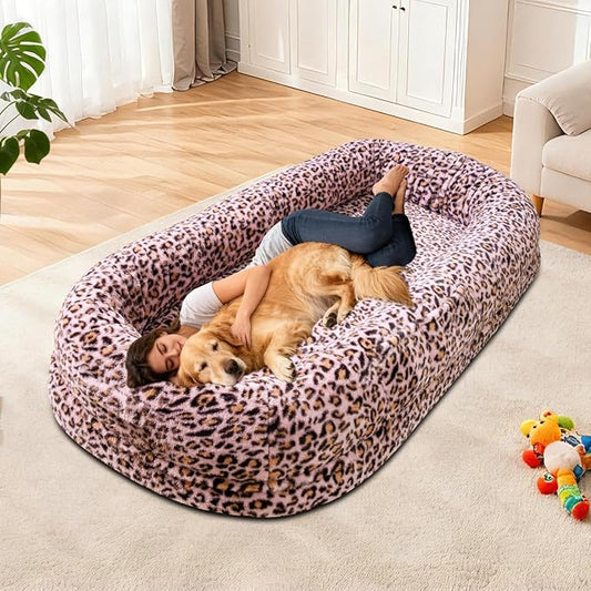 Human Dog Bed for Adult,Large Dog Bed 70"x38"x10" | Orthopedic Washable XL Dog Bed with Memory Foam (Pink leopard print) by wowohpet
