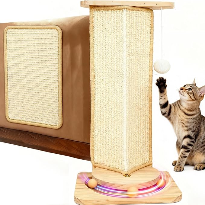 Couch Cat Corner Scratcher with Interactive Ball Toys for Cat, Replaceable Sisal Scratch Pad, Kitten Wall Scratcher for Couch, Wall Furniture Protector 25'' by MOYMO