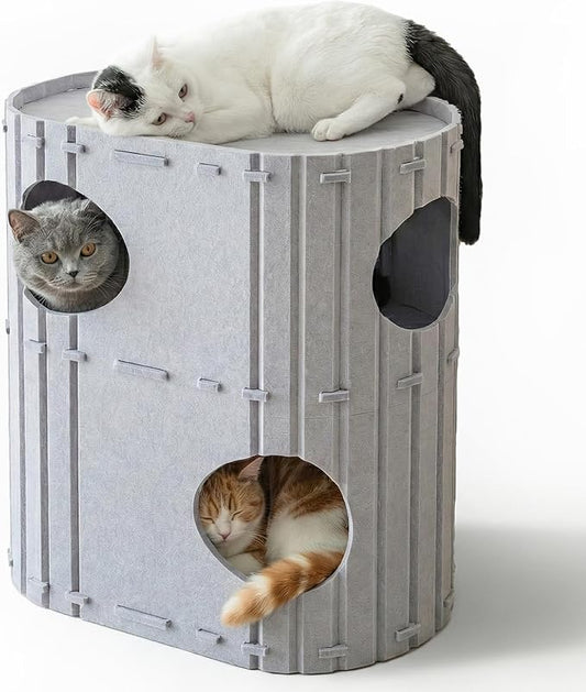 PETKARAY 2-Story Felt Cat House, Large Bed Cave for Indoor Cats, Felt Tunnel Hideaway Condo for Multi-Cat Households, 23.6x22x12 inches, Beige by PETKARAY