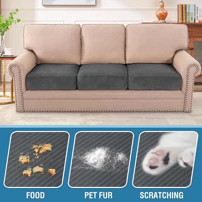 H.VERSAILTEX Velvet Stretch Couch Cushion Cover Plush Cushion Slipcover for Chair Loveseat Sofa Cushion Furniture Protector Seat Cushion Sofa Cover (3 Piece XL Sofa Cushion Covers, Grey Striped) - Image 3