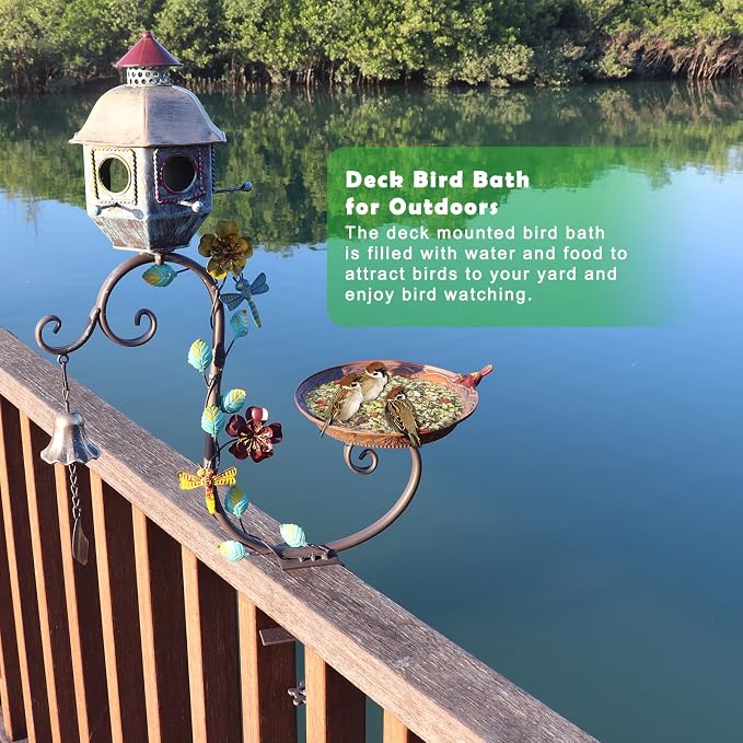 Deck Bird Bath, Metal Bird Bath and Bird Houses, Deck Mounted Bird Bath | Detachable and Adjustable Sturdy Deck Bird Bath for Outdoor Porch Yard Garden Decoration - Image 5