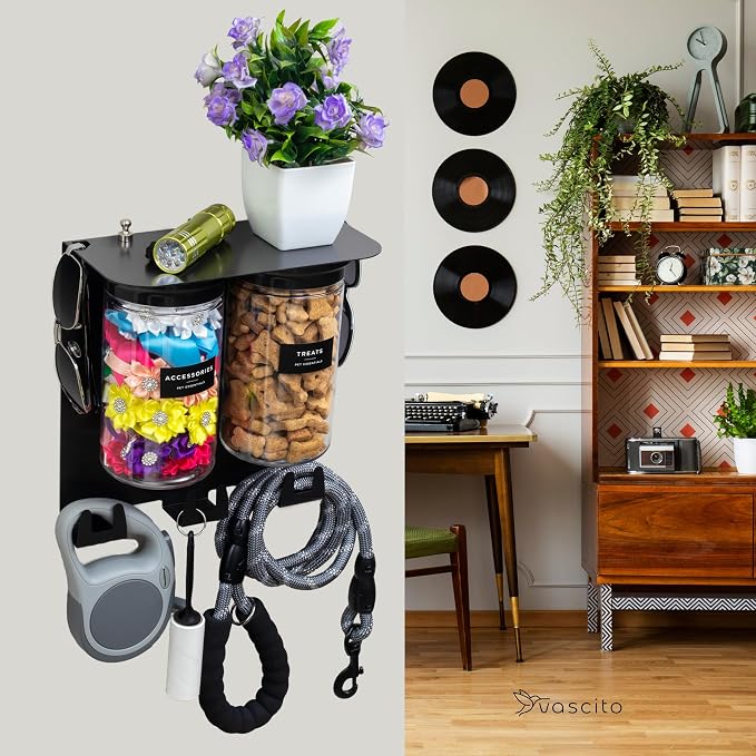 Dog Leash Holder for Wall with Shelf - Wall Mounted Dog Treat Holder & Station, 2 Large Airtight 32oz Treat Containers, 9 Hooks, Patented Lidless Slide-to-Seal Jars, Solid Steel, Made in USA - Image 3