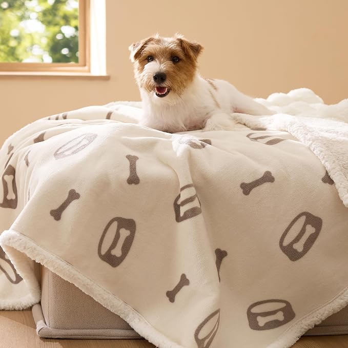 Bedsure Waterproof Dog Blankets for Medium Dogs Washable - 30"X40", Beige | Soft Print Sherpa Fleece Puppy Cat Blanket, Cozy Plush Reversible Throw Furniture Protector for Pet Kitten Doggy - Image 8