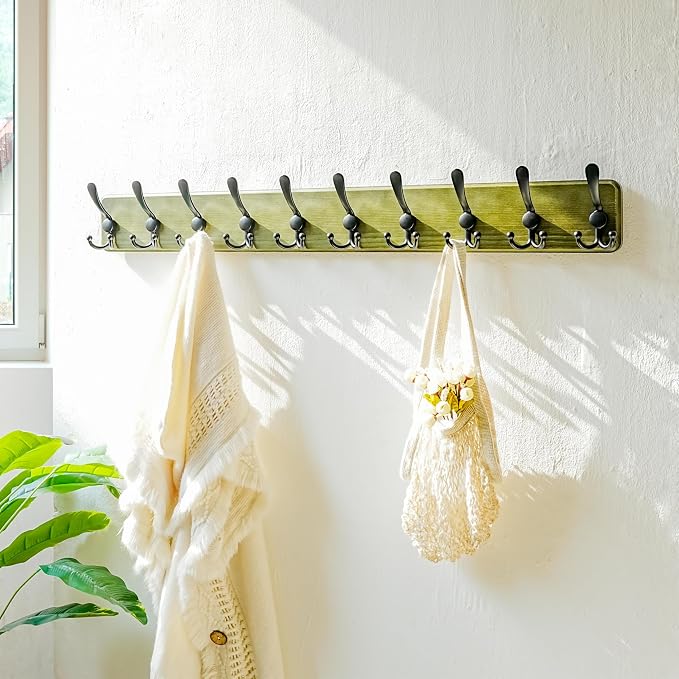 Dseap Coat Rack Wall - Heavy-Duty 38-1/4" Long, with Reinforced 10 Custom Tri-Hooks, Solid Wood Wall Hanger for Coats Hat Jackets - Rustic Farmhouse Entryway Storage,Weathered Green & Black,Pack of 2 - Image 7
