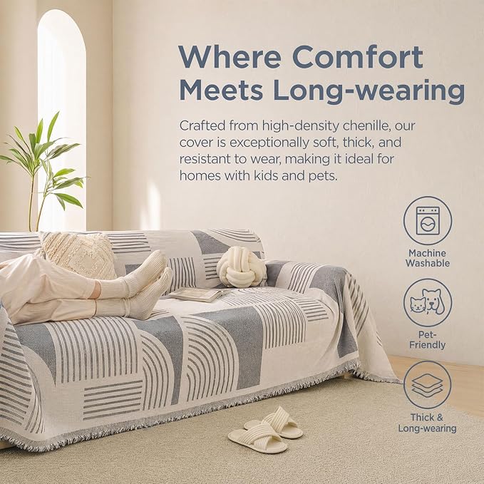 Heavy Duty Couch Cover for Sofa, Plush Chenille Blanket, Anti-Slip Scratch-Resistant Pet Shield, Modern Washable Couches Protector Pad 71"x134",Grey - Image 5