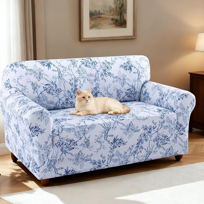 H.VERSAILTEX Floral Pattern Loveseat Cover Printed 2 Cushion Sofa Cover High Stretch Couch Covers for Sofa Super Soft Fabric Couch Protector for Dogs (Garden Bliss-Blue,Loveseat) - Image 2
