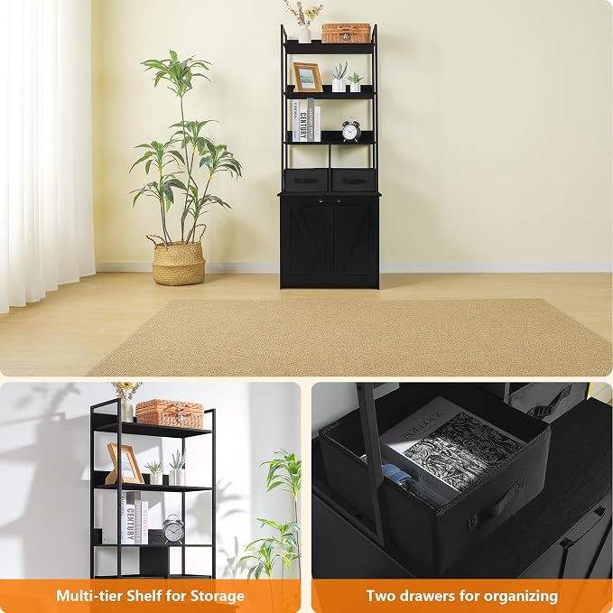 DWANTON Litter Box Enclosure with 3 Storage Shelves and 2 Drawers, 2-in-1 Hidden Cat Litter Box Enclosure Furniture with Shelf, Reversible Entrance, Washable Drawers, 61.8-Inch, Black - Image 9