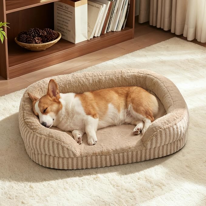 MIXJOY Orthopedic Dog Beds Large Sized Dog,Large Washable Dog Bed Waterproof Oval Dogs Bed with Removable Cover,Egg-Crate Foam Big Pet Bed Couch Sofa with Bolster Sides,Non-Slip Bottom,L 35"X25",Brown by MIXJOY