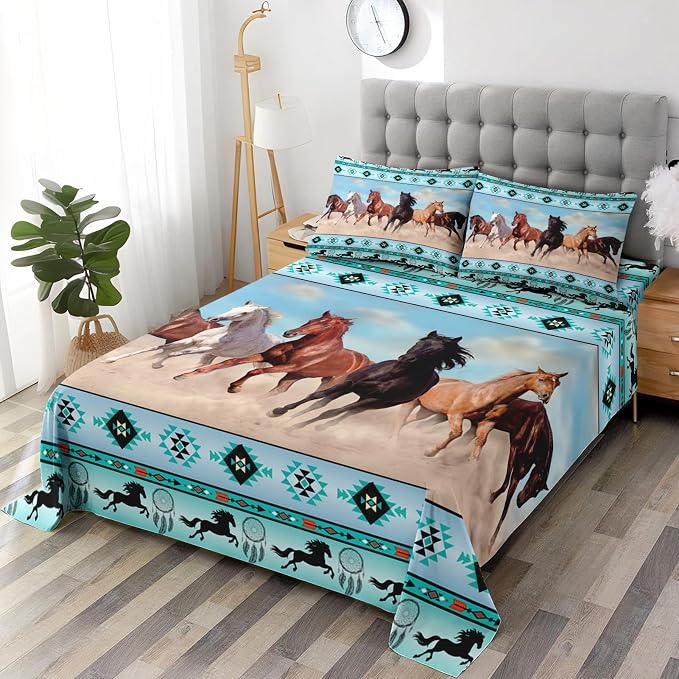 WeCozy Queen Size Bed Sheet Sets with Pillowcases, Horses Desert Animal 4 Pcs Soft Microfiber Bedding for Kids and Adults, Tribal Farm Sunset Run Flat, Fitted Sheet for Bedroom Bed Decor - Image 4
